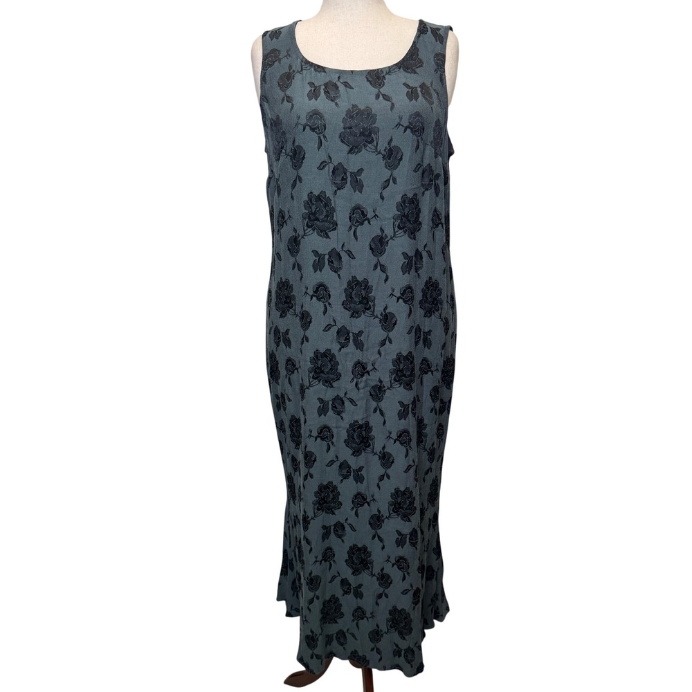 Vtg 90s Spencer Alexis Maxi Dress 1X Teal Black Floral Jacquard Goth USA Made